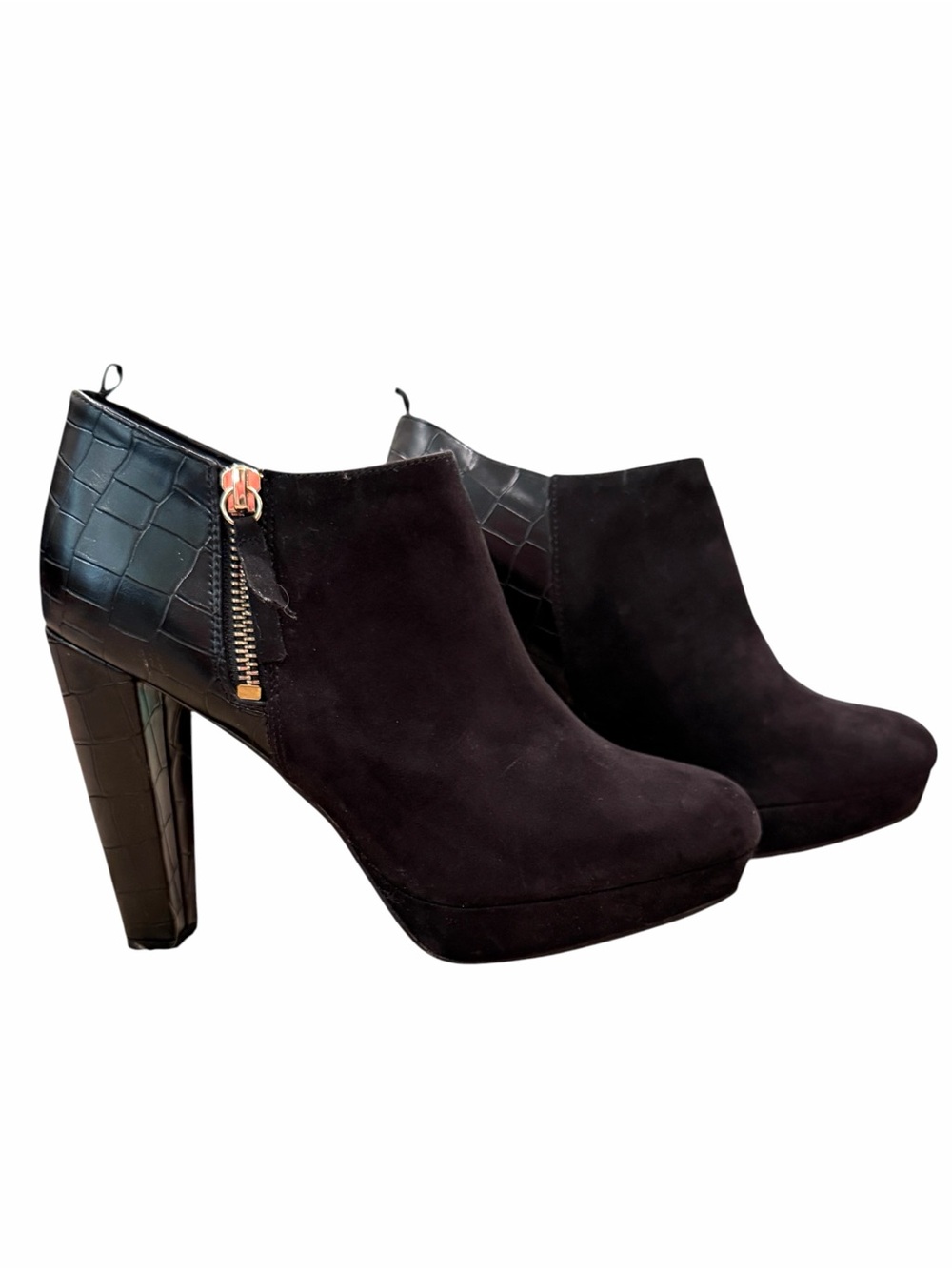 H&M Women’s Black Suede Faux Alligator Platform Ankle Boots 4.5” Heels Size 7